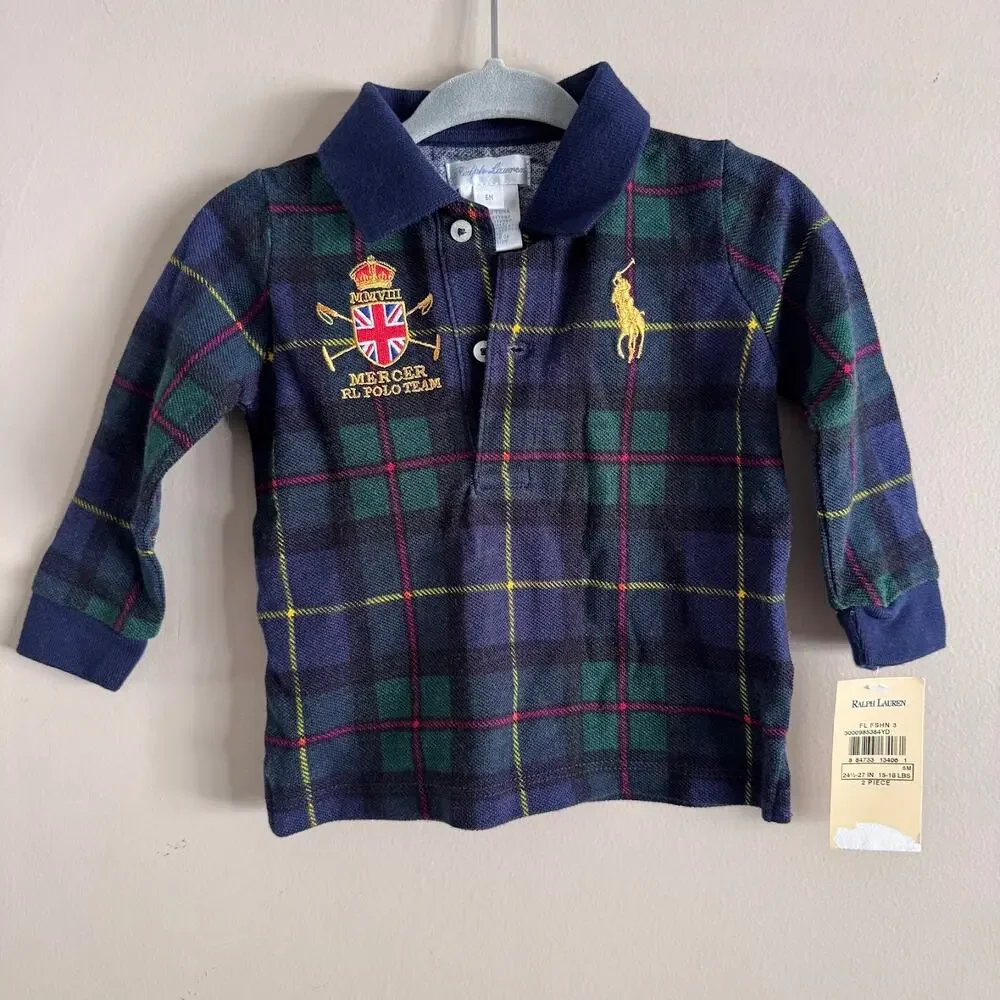 Ralph Lauren Polo Rugby Shirt Navy Blue Plaid Tartan Baby 6 Months NEW